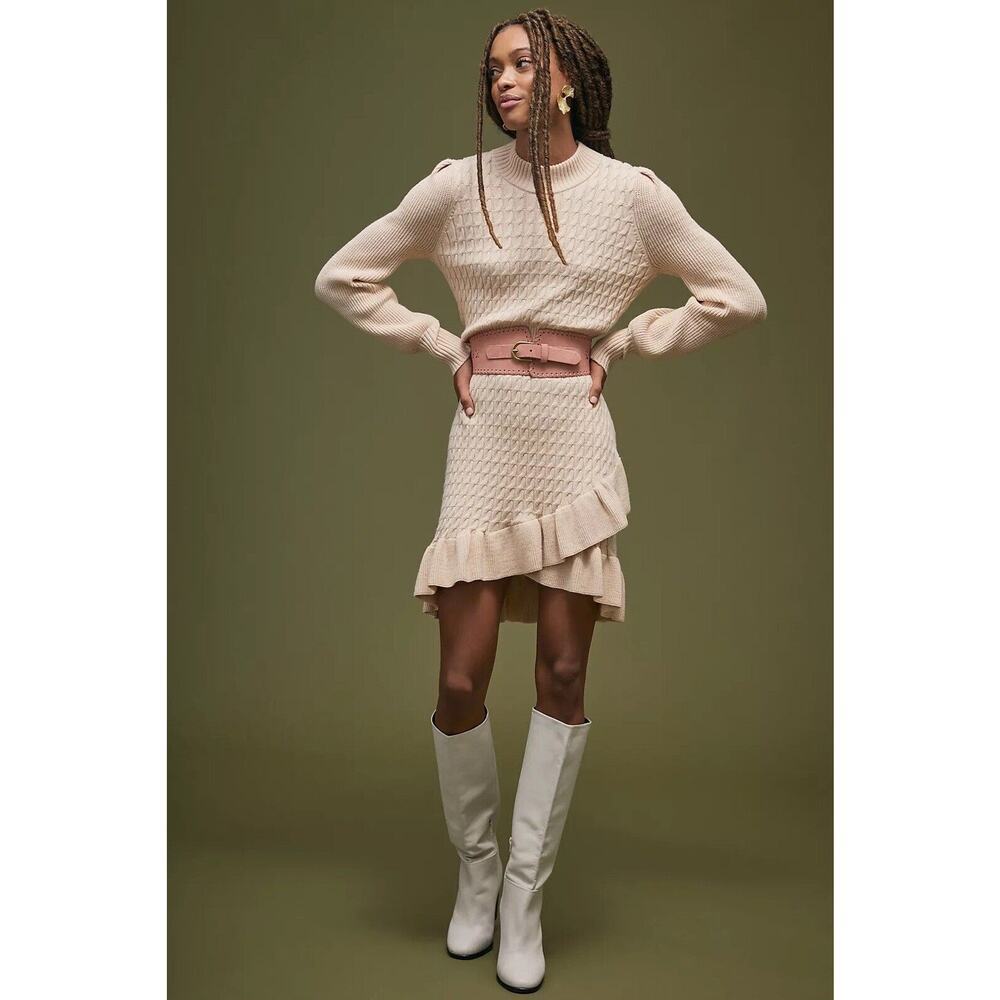NWT Anthropologie Flat White Medium Ruffled Knit Mini White Ivory Sweater Dress